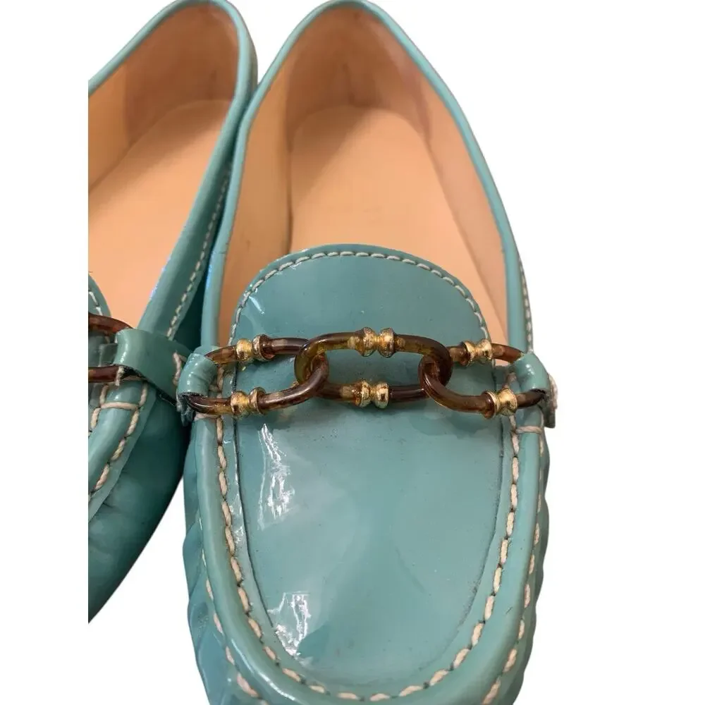 Talbots Teal Patent Leather Loafers Womens 6.5 B Chain Link Flats Brazil